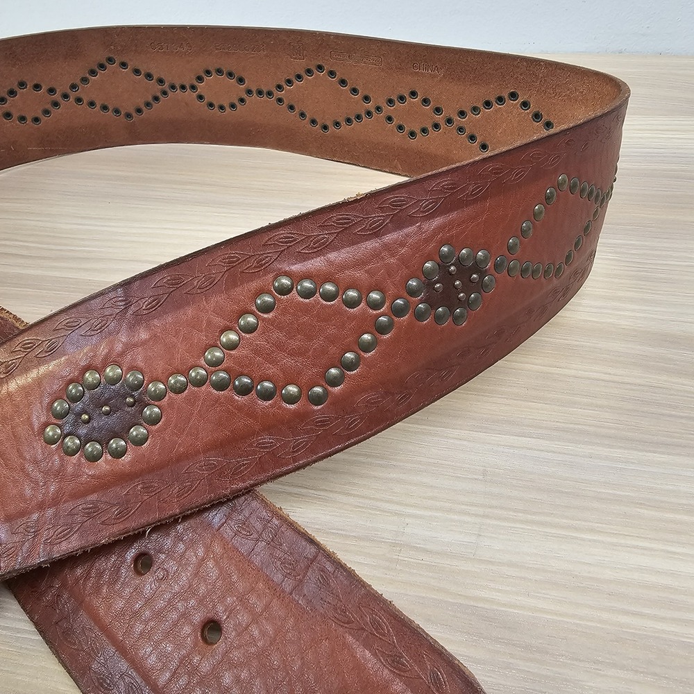 Western Boho Waist Belt Women M Brown FOSSIL Studded Tooled Leather Brass Buckle - Picture 8 of 13